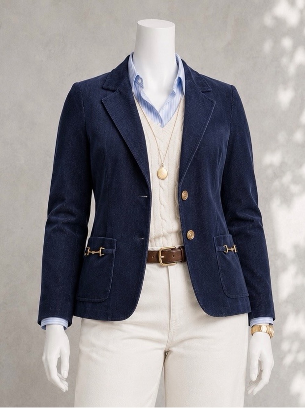Talbots Navy Corduroy Blazer Gold Horsebit Preppy Stretch Jacket P16